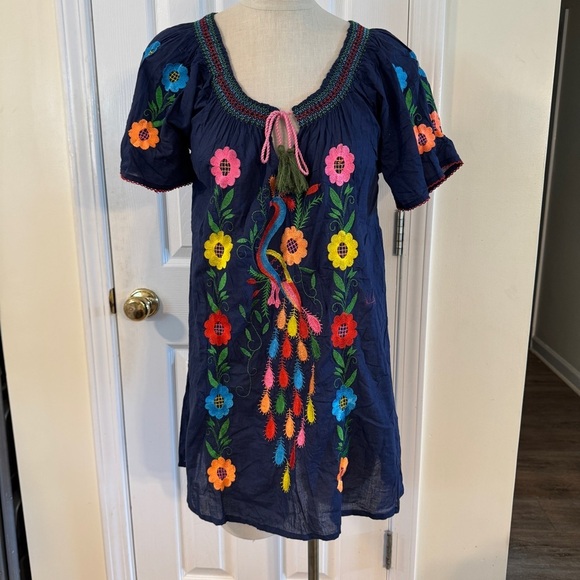Royal Moda Embroidered Mexican Peasant Tunic Dress Navy Boho Floral Bird Sz L - Picture 2 of 8